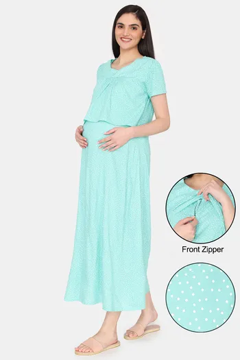 Buy Coucou Maternity Woven Full Length Nightdress With Front Zipper And Discreet Feeding - Green Ash